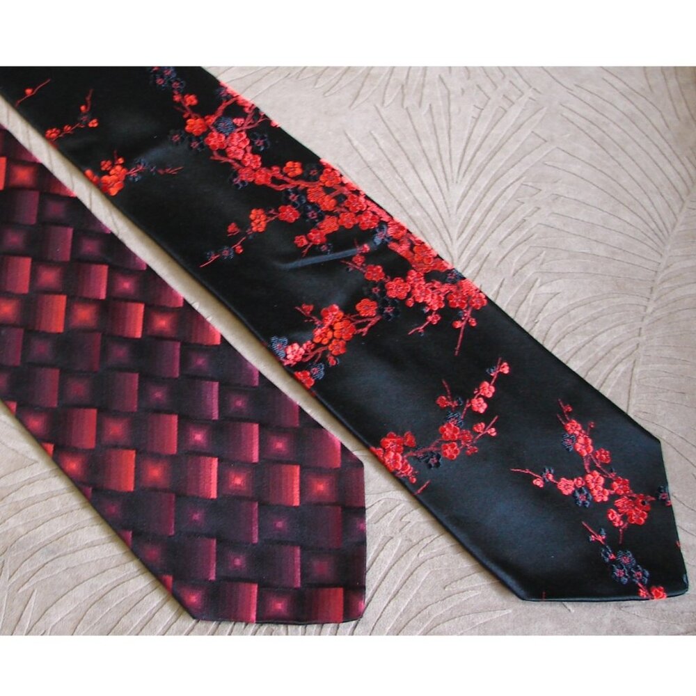 XL SILK TIE Lot of 2: Nob Hill, Floral & Geometric in Dark Red/Black, 64" Long